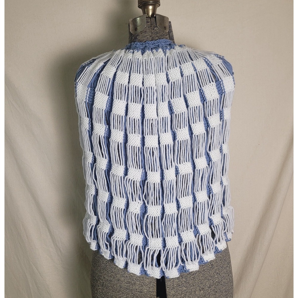 Vintage 70s Handmade Crochet Blue White Cape Capelet Knit‎ Poncho Shawl - Picture 4 of 11